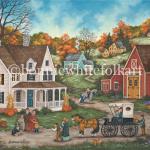 Pumpkins and cornstalks decorate an old farmhouse, echoing the colors of the trees.While one boy unloads a basket of goodies, his younger brother and sister run ahead to greet their grandparents. Everyone's looking forward to the Thanksgiving feast that awaits them inside.