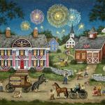 Fireworks explode over a small town on the eve of July 4th creating excitement and mayhem. Children run with sparklers, and wave flags as a mischievous boy sets off a firecracker behind an already frightened horse. 
