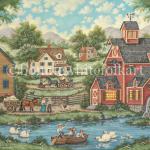 Water falls gently from the Old Red Mill, creating ripples on the clear, blue pond.
As a young boy pushes off from shore, swans approach from both sides, 
anticipating that the children have brought scraps of bread for them to snack on.
