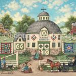 Quilt squares painted on a round barn draw attention to the colorful quilts 
displayed on either side. As women shop, their husbands gossip and wait patiently. 
The owners dog and cat greet customers as they arrive.