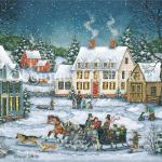 Smoke pours from chimneys and snowflakes fall gently to the ground as families head home for a warm meal by the fire. Two horse drawn sleighs meet up along the way and a friendly race ensues. A young boy tries to keep up while his dogs run ahead and take the lead.